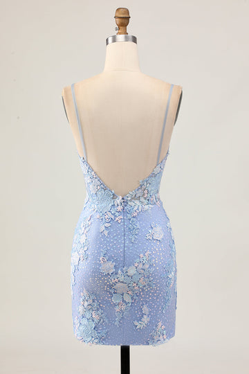 Floral Light Blue Bodycon Homecoming Dress with Appliques